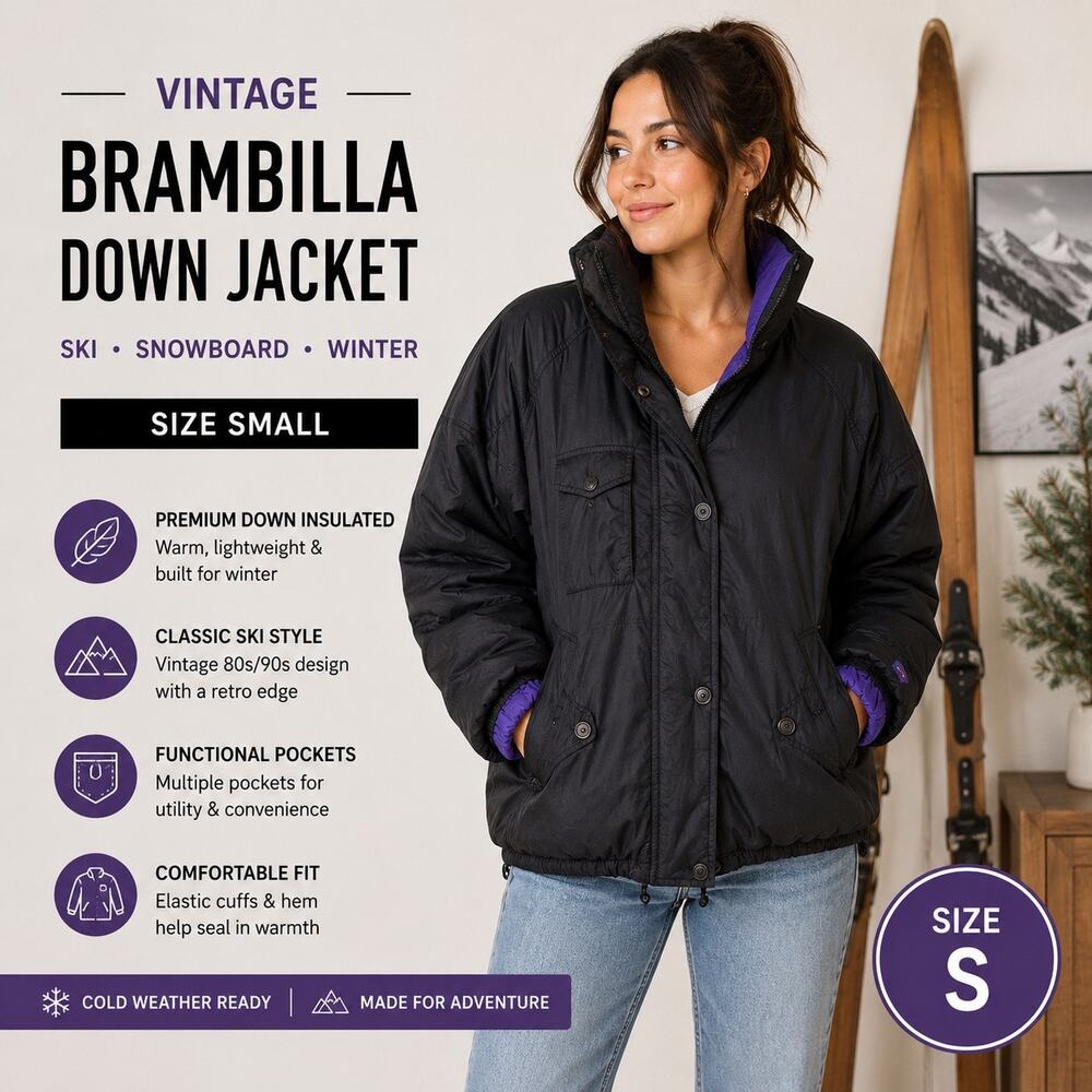 Vintage Brambilla Womens Down Ski Jacket Black Purple Lining Snowboard Coat Smal
